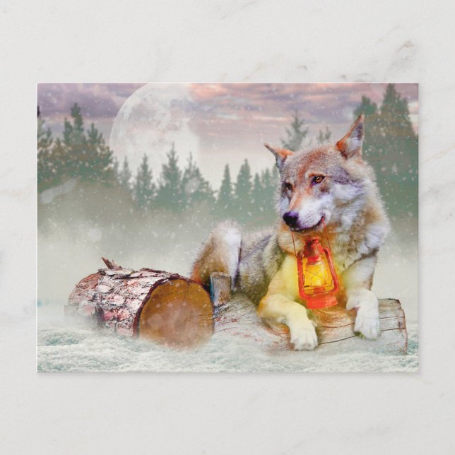 Carte postale de la scène de Noël du loup d'hiver (Devant)