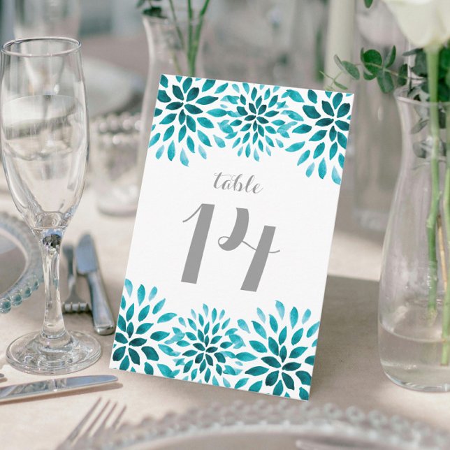 Carte postale de la table Chrysanthemum turquoise  (Teal Watercolor Chrysanthemum Wedding Table Number Card)