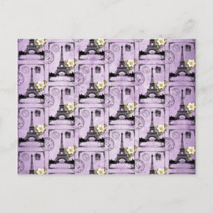 Carte postale de la Tour Eiffel timbres violets