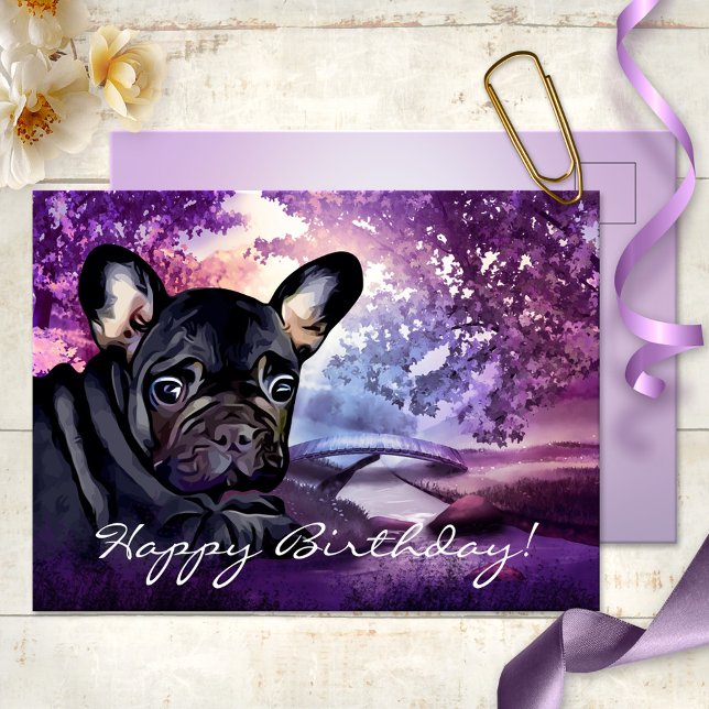 Carte postale de l'anniversaire du chien de taurea (A cute (birthday or other occasion) postcard featuring a colorful painted French Bulldog pug)