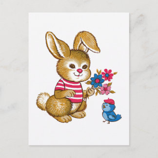 Carte postale de lapin mignon et d'oiseau bleu
