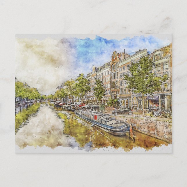 Carte postale de l'aquarelle du canal d'Amsterdam- (Devant)