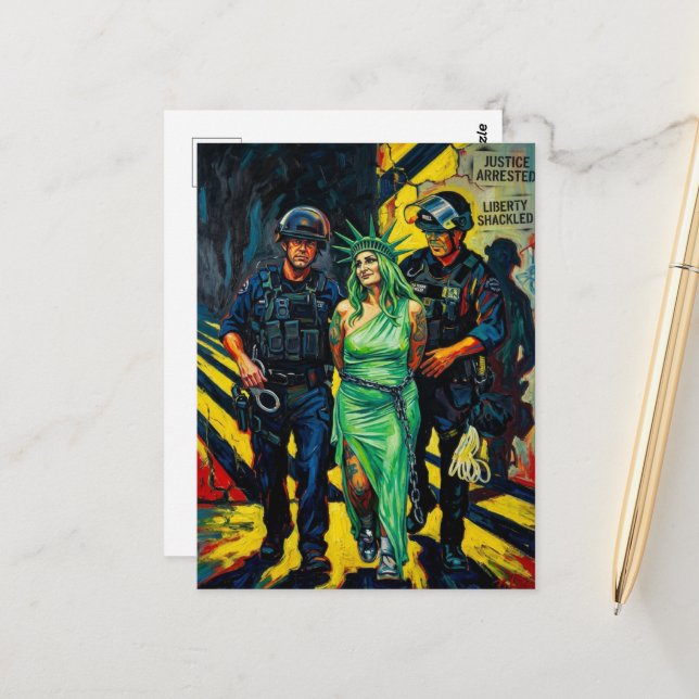 Carte postale de l'arrestation de la statue de la  (Devant/Arrière en situation)