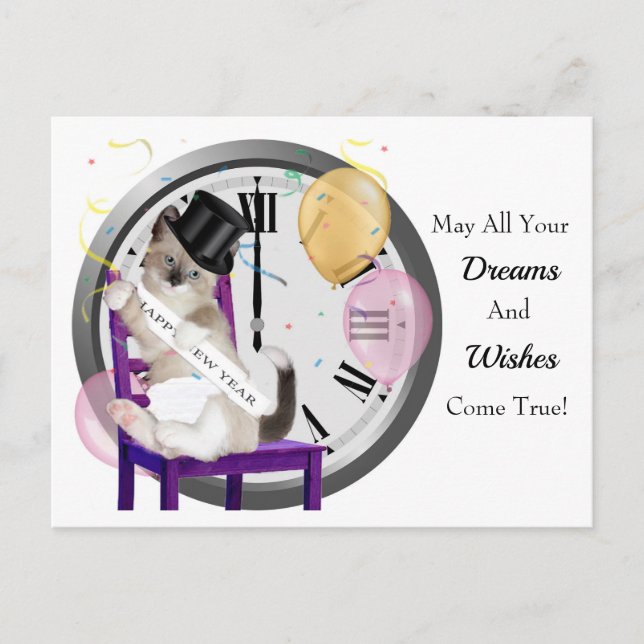 Carte postale de l'horloge Kitten du Nouvel An (Devant)