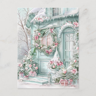 Carte postale de maison de Noël verte et rose