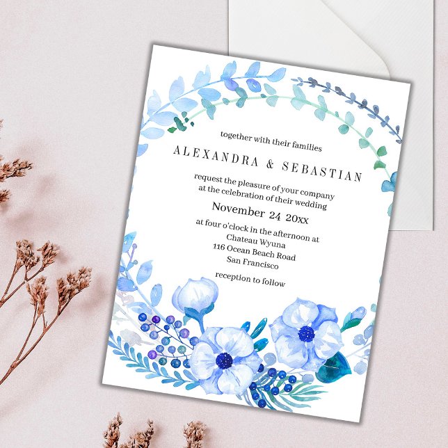 Carte postale de mariage à couronne florale bleue  (Créateur téléchargé)