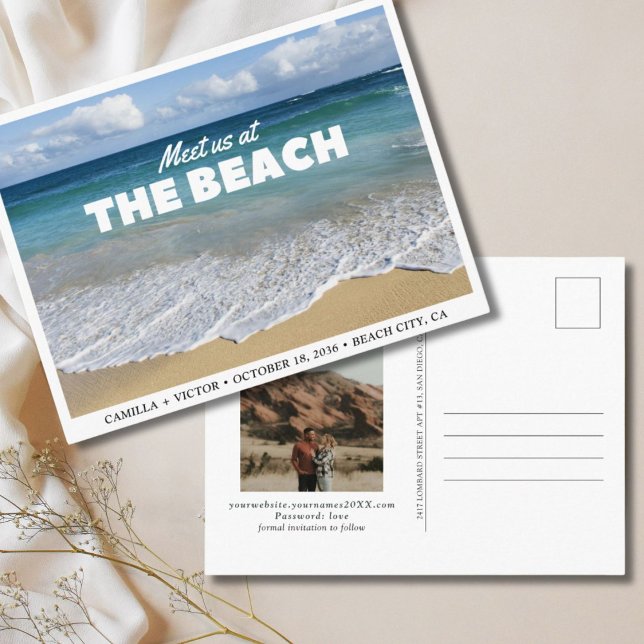 Carte postale de mariage à la plage Photo de la me (Beach Wedding Ocean Photo Save the Date Postcard
)