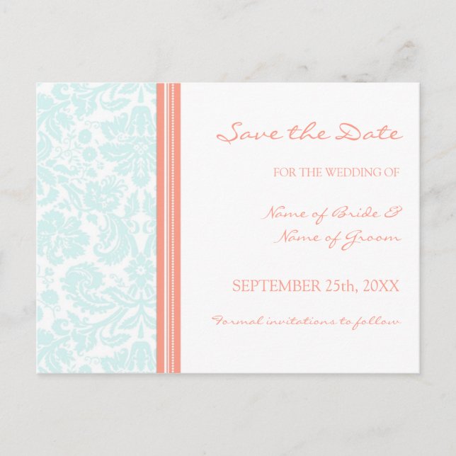 Carte postale de mariage Aqua Coral Damask pour an (Devant)