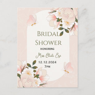 Carte postale de mariage beige à motif floral rose