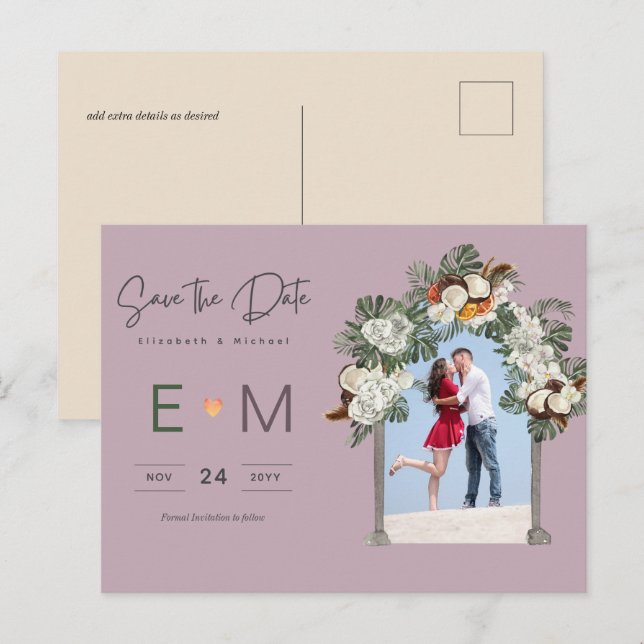 Carte postale de mariage photo Fleurs mauves "Save (Devant / Derrière)