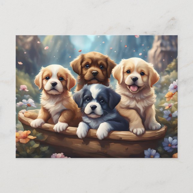 Carte Postale De mignons chiots dans un panier, sur mesure (Devant)