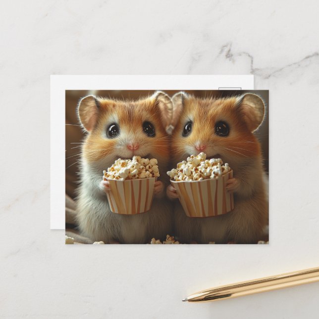 Carte Postale De mignons hamsters avec du pop-corn (Devant/Arrière en situation)