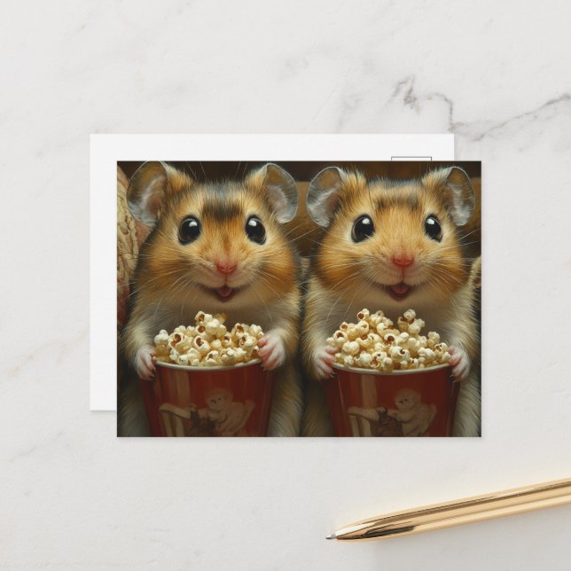Carte Postale De mignons hamsters bruns avec du pop-corn (Devant/Arrière en situation)