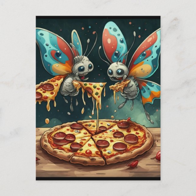 Carte Postale De mignons insectes amusants manger une pizza drôl (Devant)