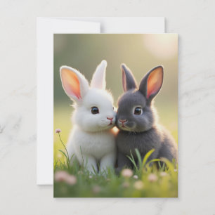Carte Postale De mignons lapins blancs et noirs dans une prairie