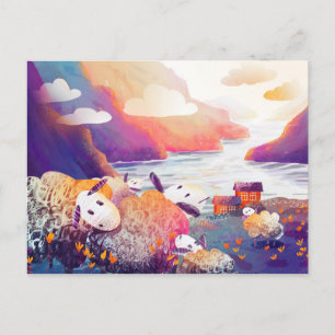 Carte Postale De mignons moutons dans les montagnes près du lac