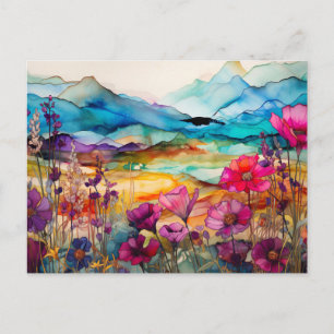 Carte postale de montagne aux fleurs sauvages aqua