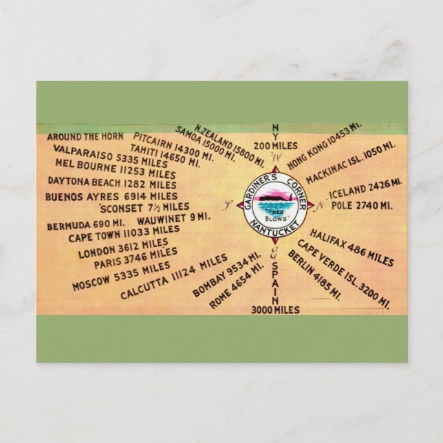 Carte postale de Nantucket avec distances (Devant)