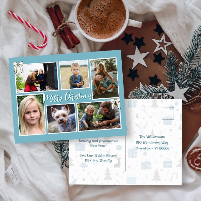 Carte postale de Noël bleu avec six photos de fami (Créateur téléchargé)