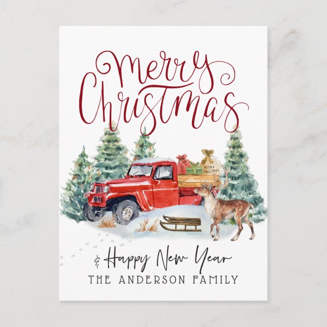 Carte postale de Noël camion rouge vintage (Devant)