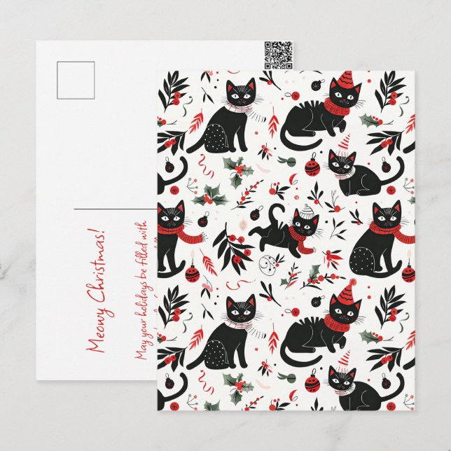 Carte postale de Noël Cute Retro Black Cats (Devant / Derrière)
