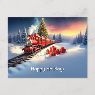 Carte postale de Noël d'arbre de train rouge de va