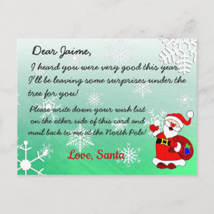 Carte postale de Noël de Père Noël à un enfant