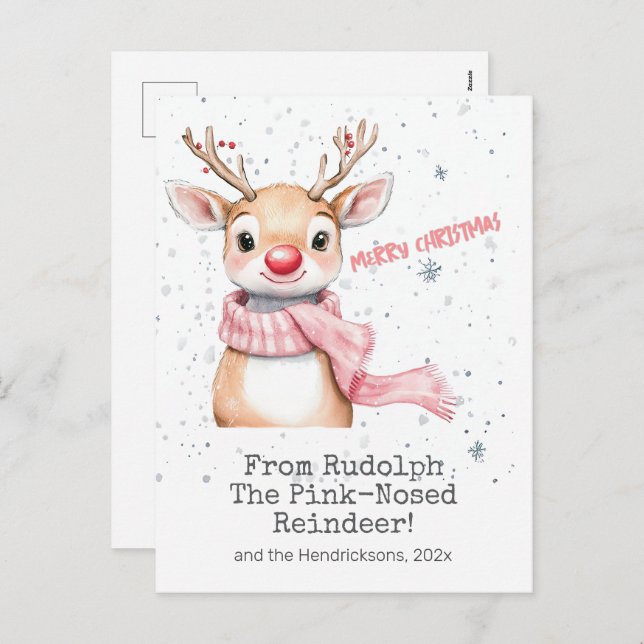 Carte postale de Noël de Pink Rudolph Reindee (Devant / Derrière)