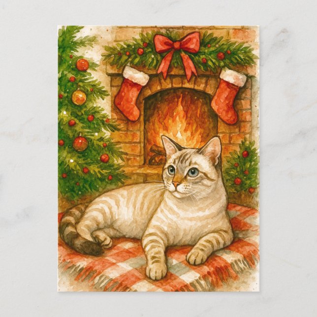 Carte postale de Noël douillette avec un chat près (Devant)