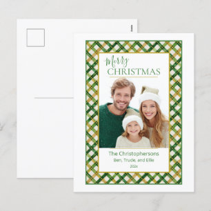 Carte postale de Noël Green Gold Plaid