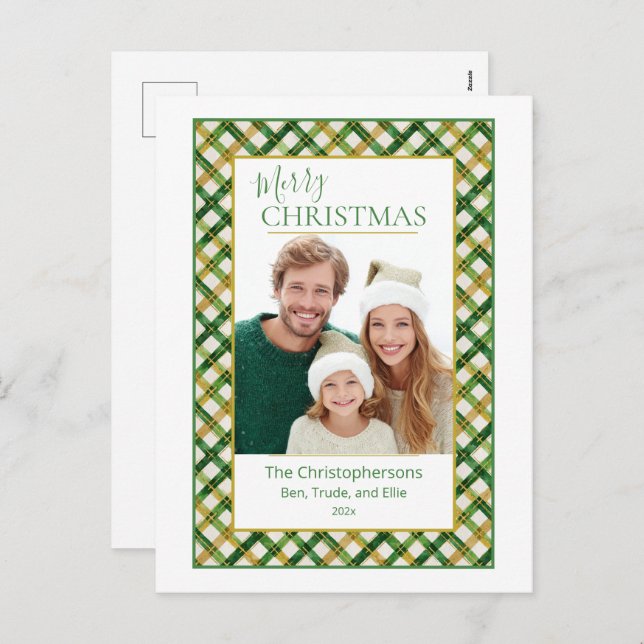 Carte postale de Noël Green Gold Plaid (Devant / Derrière)