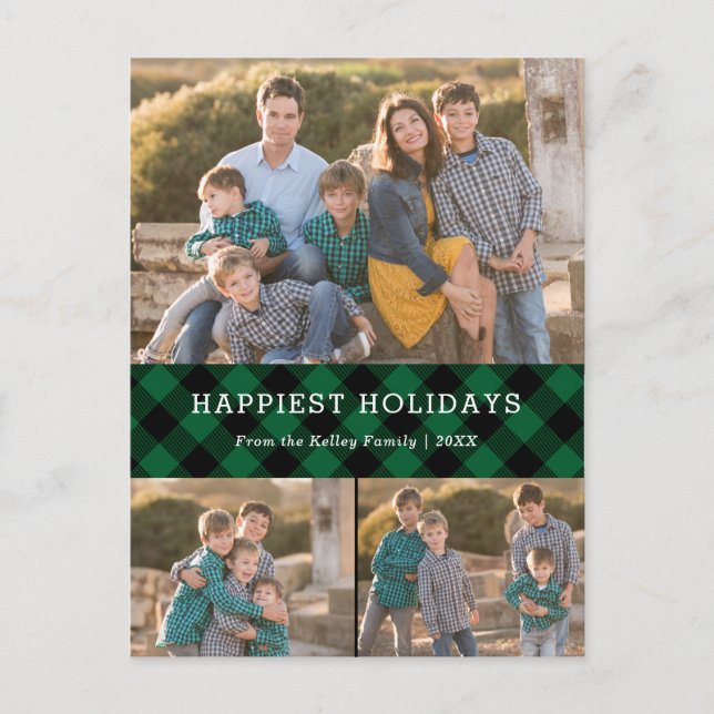 Carte postale de Noël Green Plaid Holiday Three Ph (Devant)