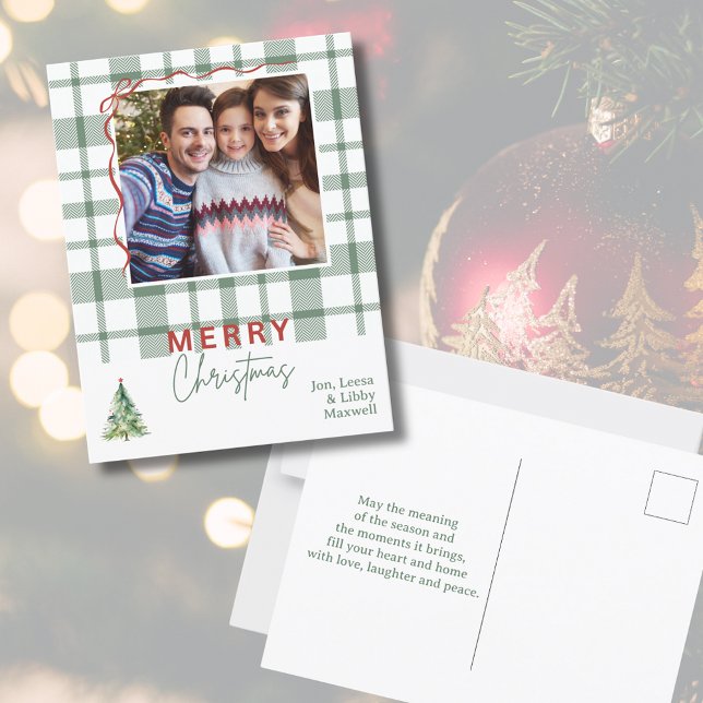 Carte postale de Noël Green Plaid Rustique (Green Plaid Rustic Photo Christmas Postcard
)
