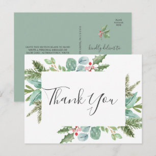 Carte postale de Noël Green & Red Berry Merci