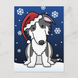 Carte postale de Noël Kawaii noir et blanc Borzoi