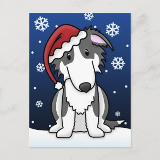 Carte postale de Noël Kawaii noir et blanc Borzoi