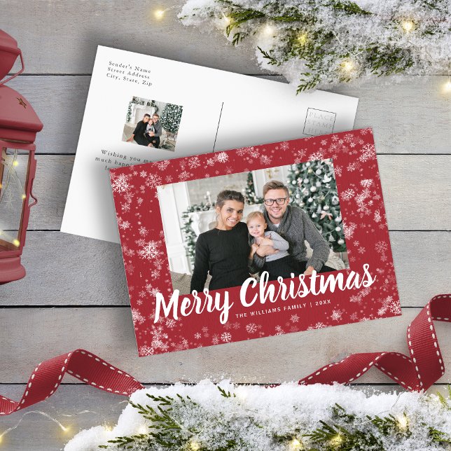 Carte postale de Noël moderne avec flocon de neige (Modern Red Snowflake Photo Christmas Postcard
)