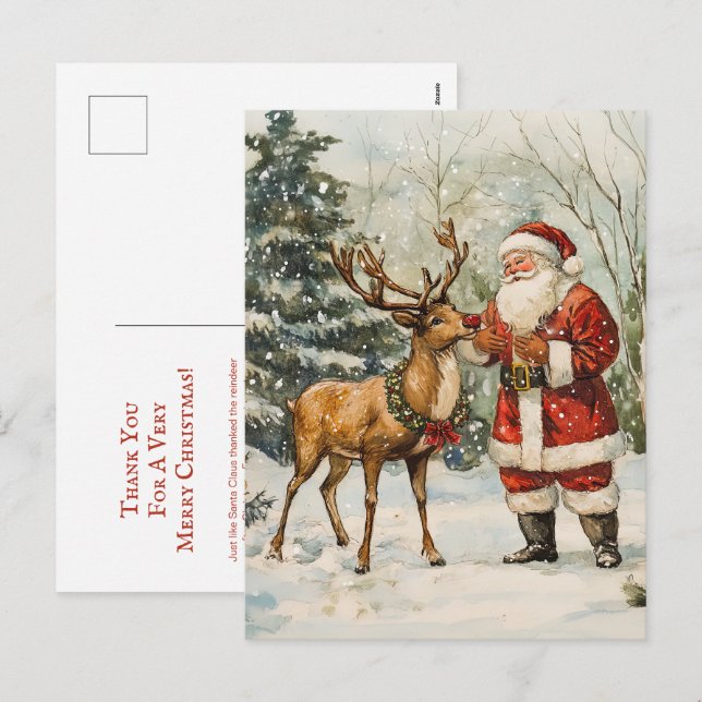 Carte postale de Noël père Noël Reindeer Merci (Devant / Derrière)