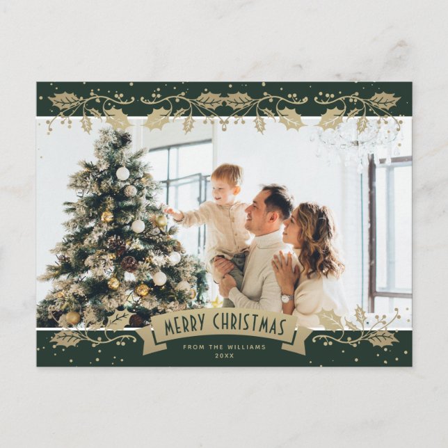 Carte postale de Noël photo de houx doré vert mode (Devant)