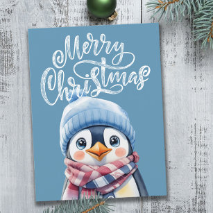 Carte postale de Noël Pingouin bleu pour enfants