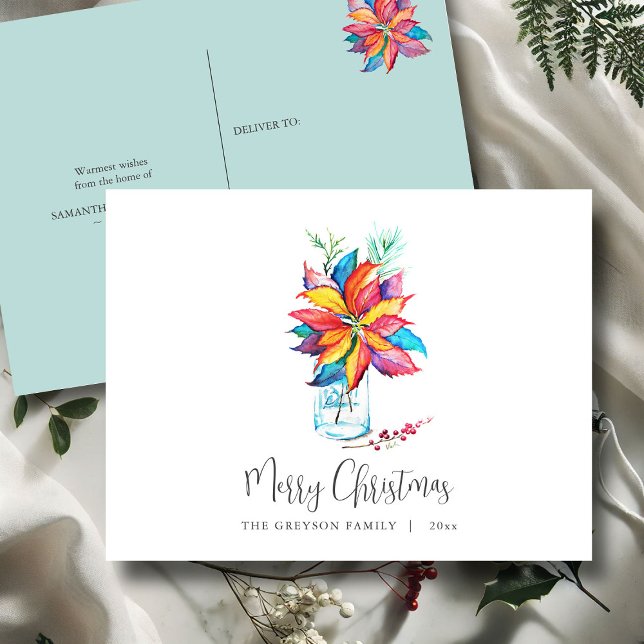 Carte postale de Noël Poinsettia botanique colorée (Christmas postcard watercolor poinsettia art by Victoria Grigaliunas Do Tell A Belle)