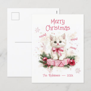 Carte postale de Noël rose Little Kitten