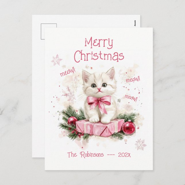 Carte postale de Noël rose Little Kitten (Devant / Derrière)
