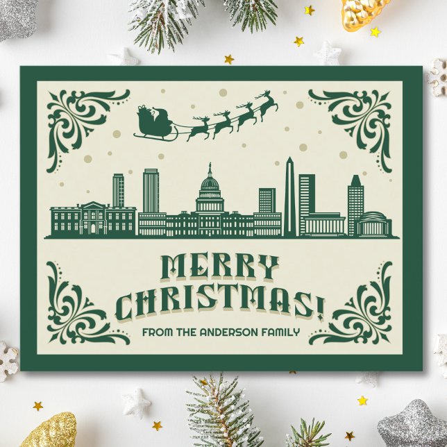 Carte postale de Noël Skyline de Washington (Washington, DC skyline christmas card green modern merry christmas postcard with custom details)