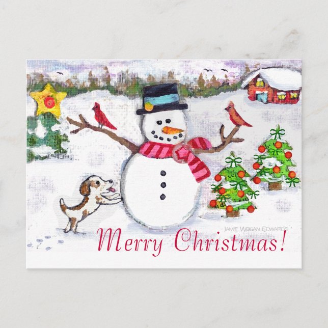 Carte postale de Noël Snowman & Dog hiver (Devant)