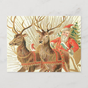 Carte postale de Noël vintage, Père Noël avec renn
