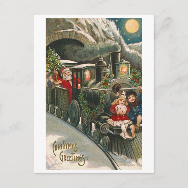 Carte postale de Noël Vintage "Père Noël en train" (Devant)