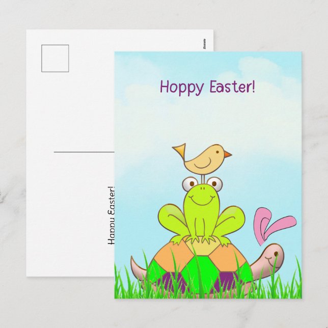 Carte postale de Pâques avec tortue, grenouille et (Devant / Derrière)