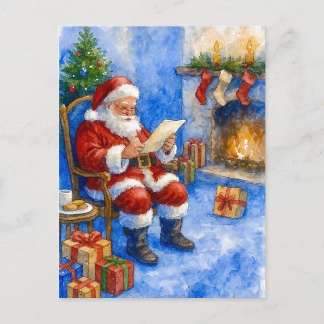 Carte postale de Père Noël lisant des lettres au c (Devant)