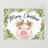 Carte postale de porc de Noël aquarelle